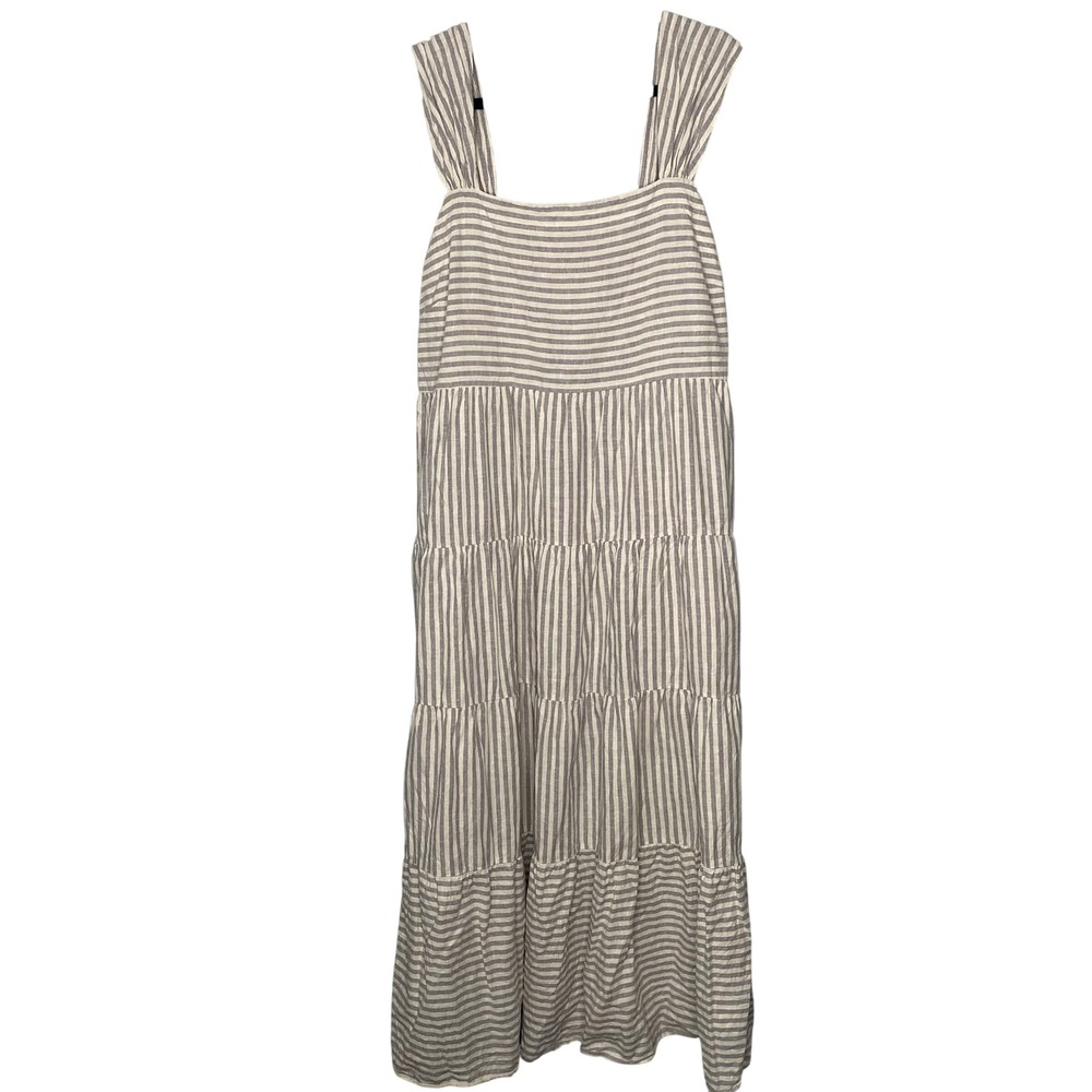 Madewell Grey White Striped Hemp Cotton Tiered Maxi Dress 2X Smocked Back